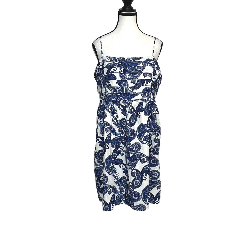 Express Paisley Mini Dress Womens Large Blue White Linen Blend Smocked Back NWT